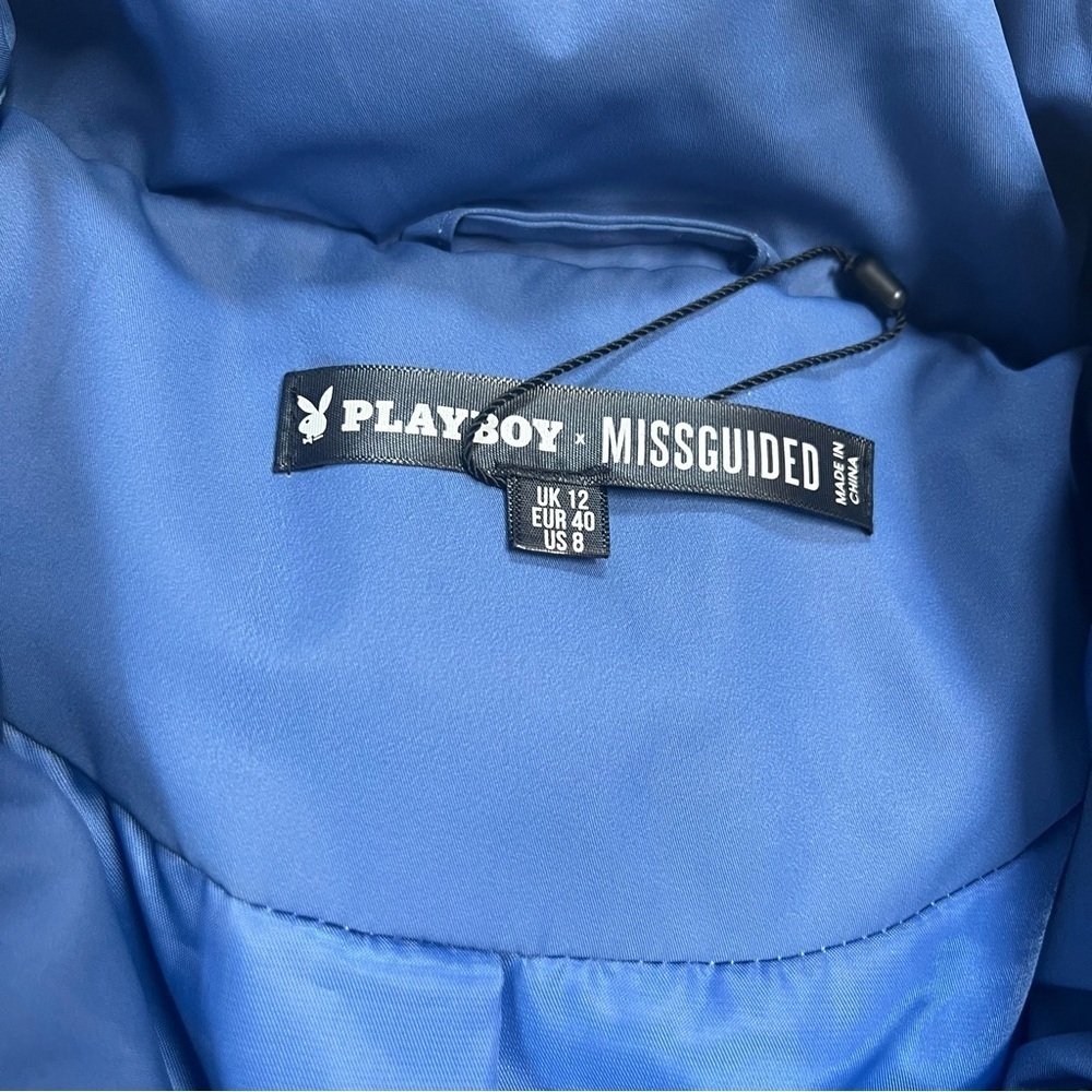 Playboy x Missguided Blue Logo Puffer Jacket Y2K Streetwear Size 8 Cropped Coat - Picture 9 of 9